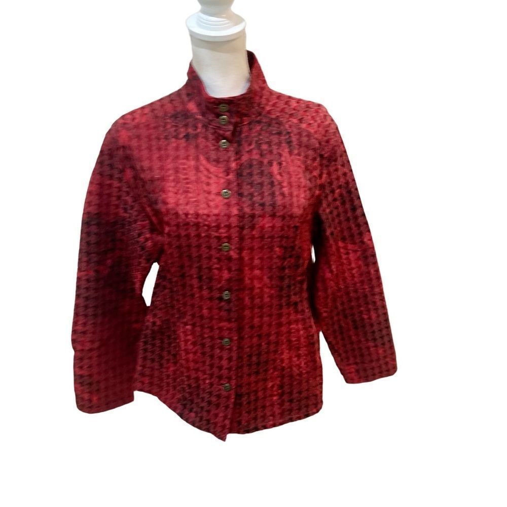 Chico’s red quilted jacket stand up collar cotton blend metal buttons size xl